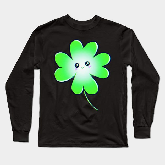 Green Happy Smiley Four Leaf Clover Long Sleeve T-Shirt by ROLLIE MC SCROLLIE